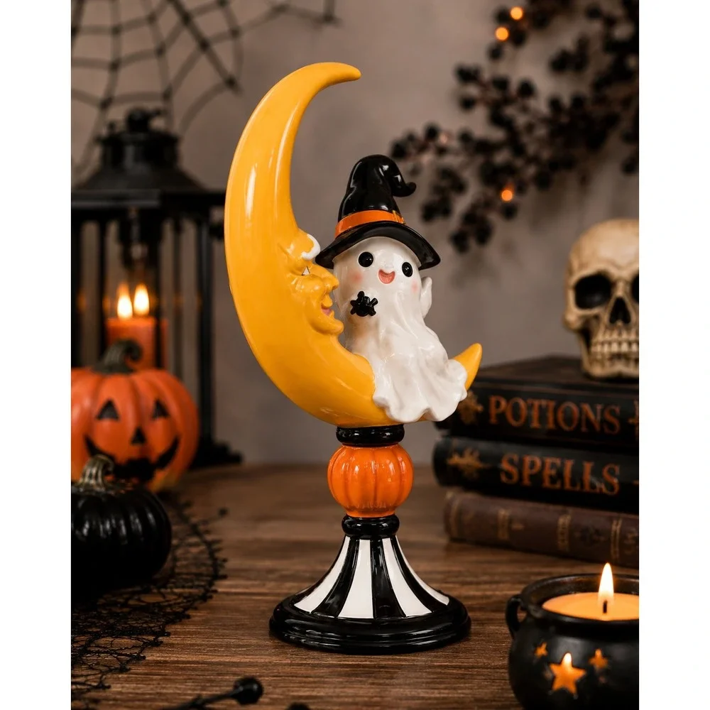 Mackenzie Childs Style Ghost Sitting on Moon Decor Halloween Figurine NEW